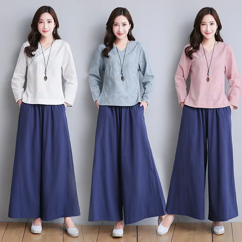 

Cotton and Linen Yoga Suit Women Autumn Chinese Style Tea Art Suit Han Style Wide Leg Pants Two-piece Set
