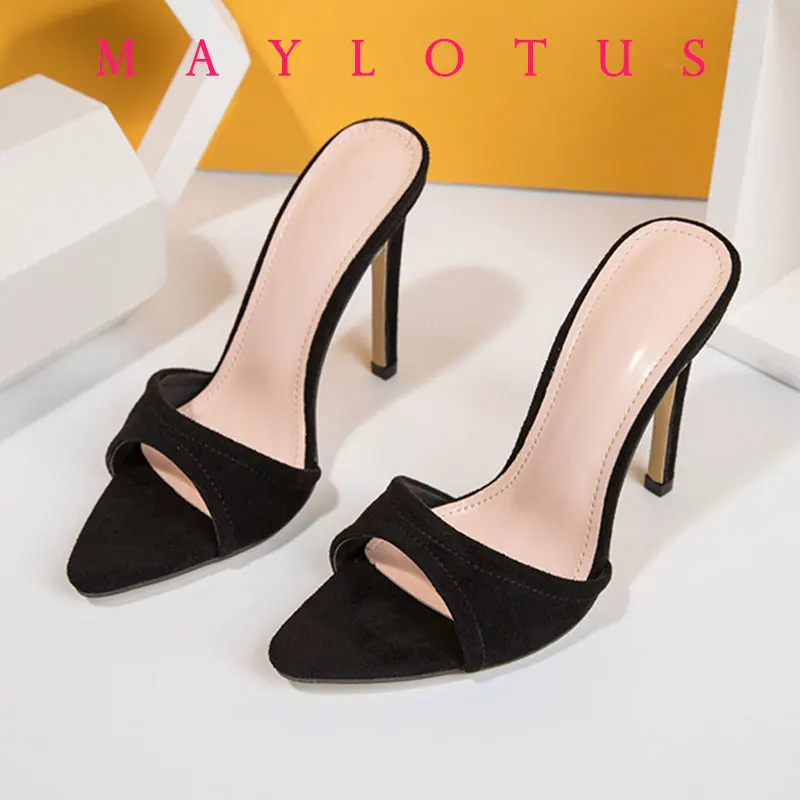 

Fashion Women's Pointed Toe High Heels Sandals Sexy Party Slides Suede Mule Slippers - Stripper Style Ladies Shoes