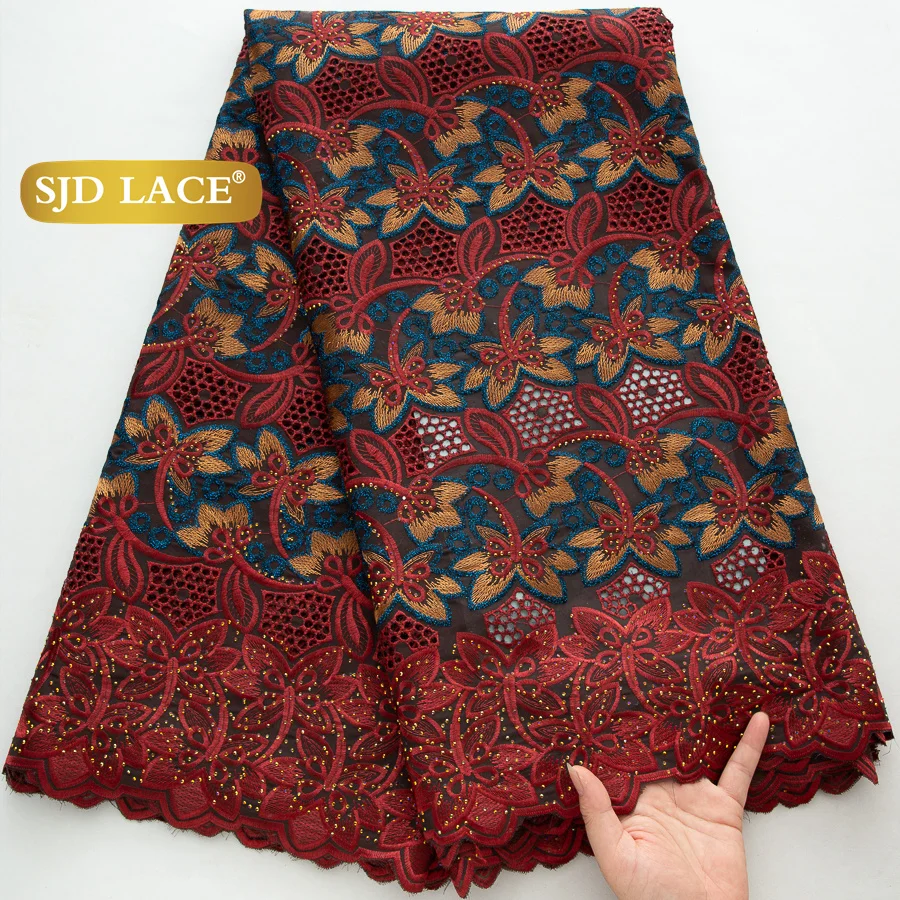 SJD الدانتيل السويسري الفوال الدانتيل الأفريقي نسيج القطن الدانتيل بالحجارة 2025 جودة عالية النيجيري لفستان حفلات الزفاف الأنيق 4600