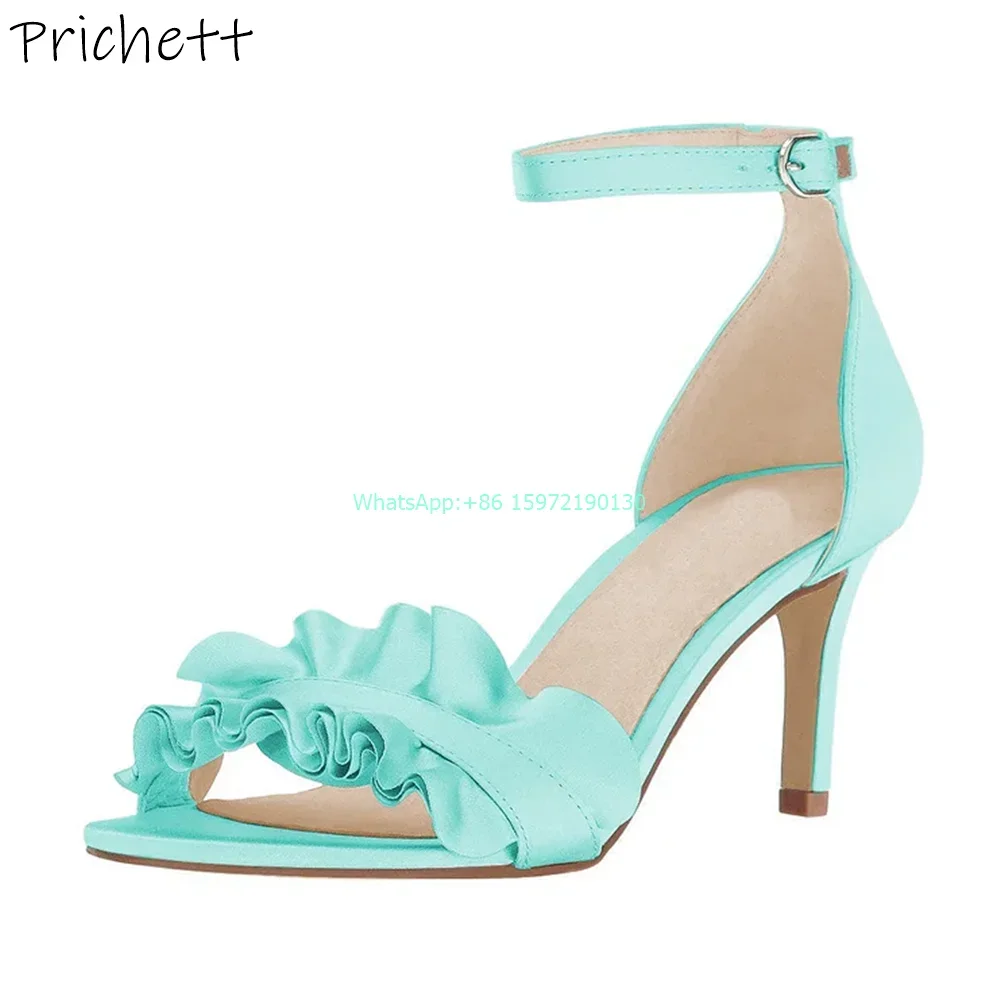 

Pleated Solid Light Green Sandals Straight Strap Ankle Band Round Toe Buckle Sandals Sewing Concise Ladies Runway Fashion Shoes