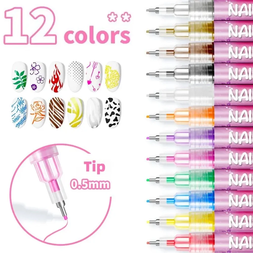 

Набор акриловых маркеров для ногтей, 12 цветов, для рисования, граффити, точечной росписи, для маникюра и декора