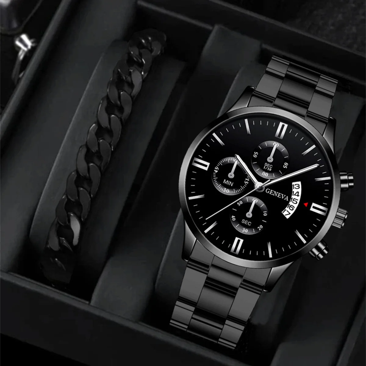 Relógio Calendário Masculino, Pulseira de Aço, Conjunto Empresarial, Moda, Esportivo, Moda Clássica