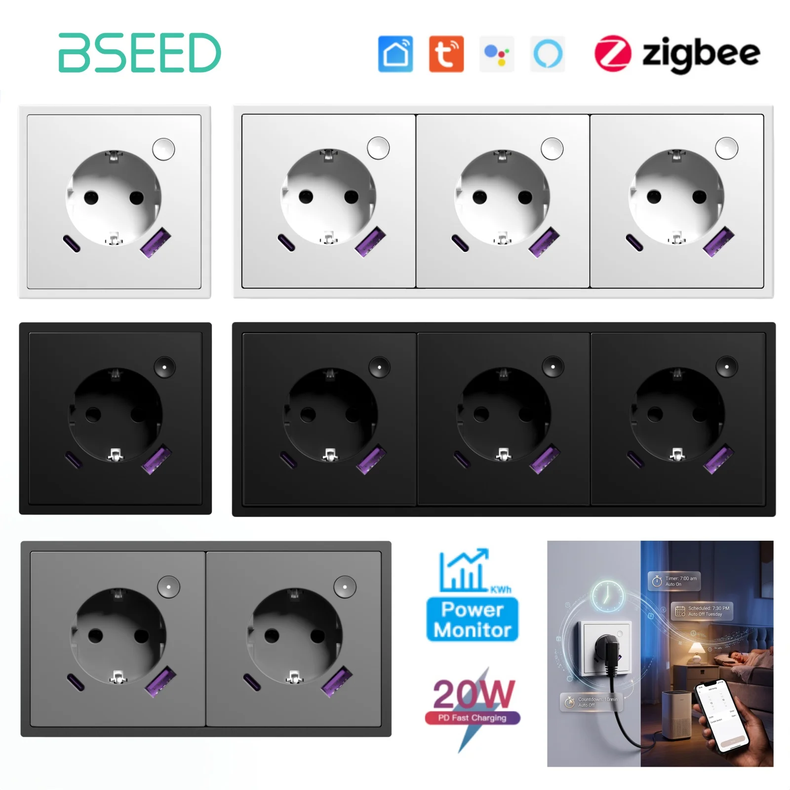 Gniazdo inteligentne BSEED E Series Zigbee z funkcją monitorowania energii, szybkim ładowaniem 20W, portem USB Type-C, sterowaniem Tuya Smart Life, plastikowa obudowa. — 2