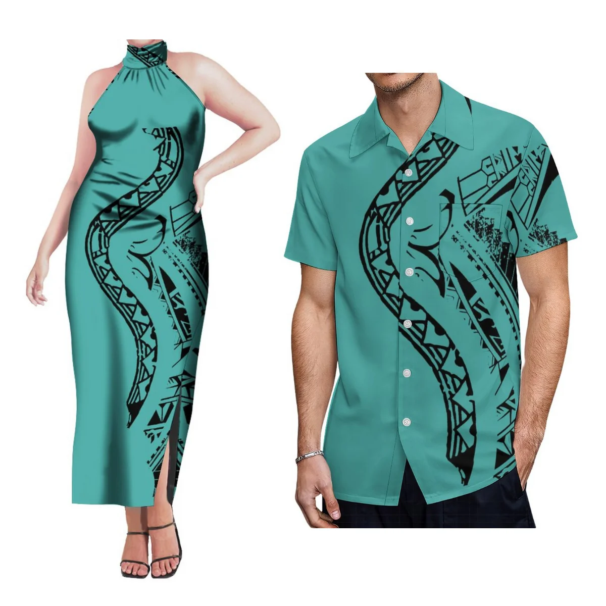 Roupa tribal para casais, vestido sem alças, camisa Samoa Verde para homem e mulher, camisa polinésia única