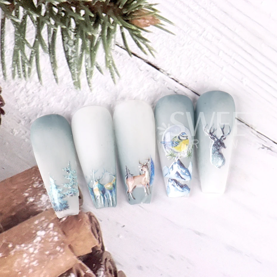 12Designs Christmas Nail Water Stickers Winter Landscape Snowy Tree Deer Watermark Transfer Decal For Nails Decoration Manicure