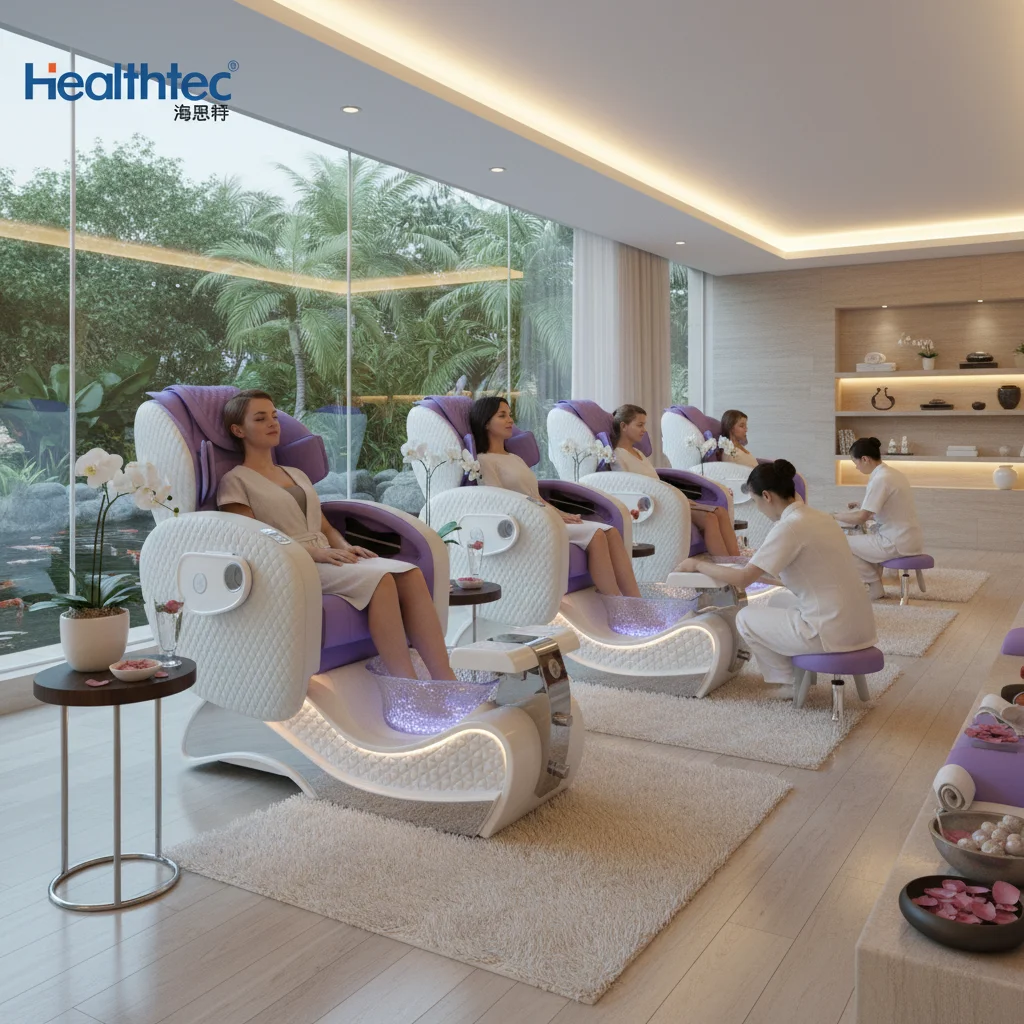 Salon High End Reclining Foot Spa Pedicure Chair Massage Luxury Stainless Steel Nail Salon Use 7 Colors LED Lamp Automatic