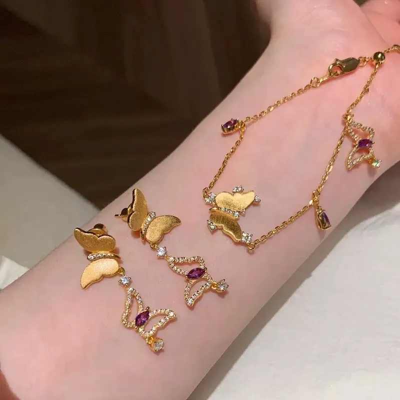 

Легкий роскошный браслет-бабочка из стерлингового серебра 925 пробы высокого класса, винтажный фиолетовый бриллиант, серьги, изысканный темпераментный комплект