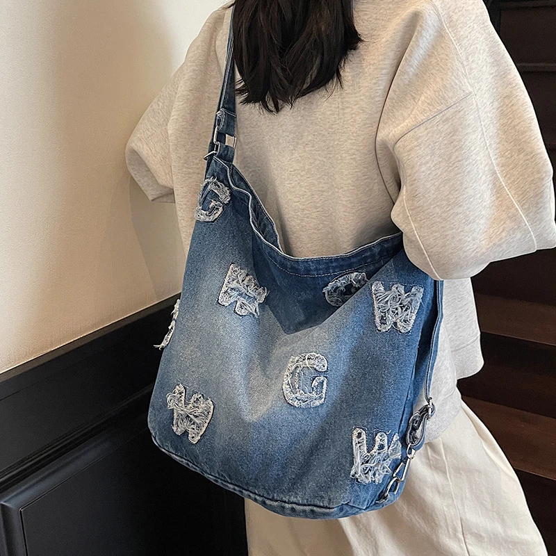 

Women Denim Shoulder Pack Casual Underarm Bags Large Capacity Stylish Backpack Retro Handbag Letter Pattern Outdoor Travel Bag