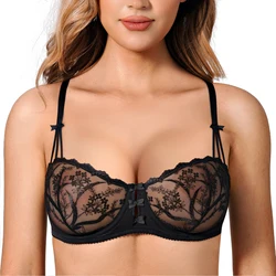 Wingslove Sexy Lace Sheer Bra For Women Push Up Underwire Unpadded Balconette Floral Embroidery Underwear Ultra-thin Brassiere