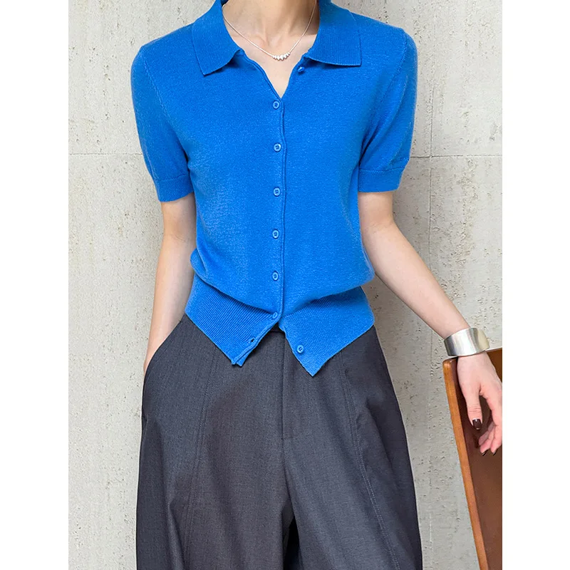 

Early Autumn New 2025 Versatile Shirt Collar Knitted Commuter Short Sleeve Top Blue T-shirt