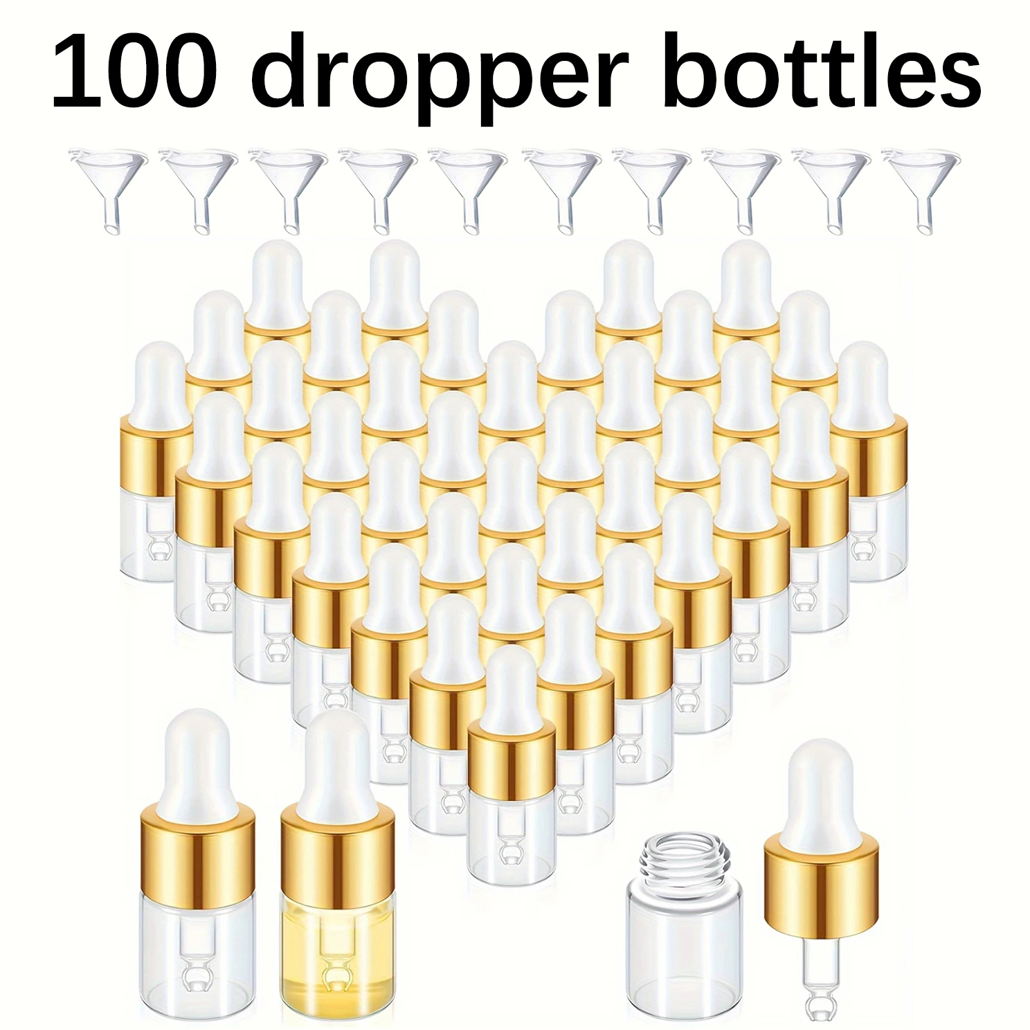 100pcs, 5ml mini dropper bottle, transparent sample bottle with gold cap, containing 100 droppers and 10 funnels