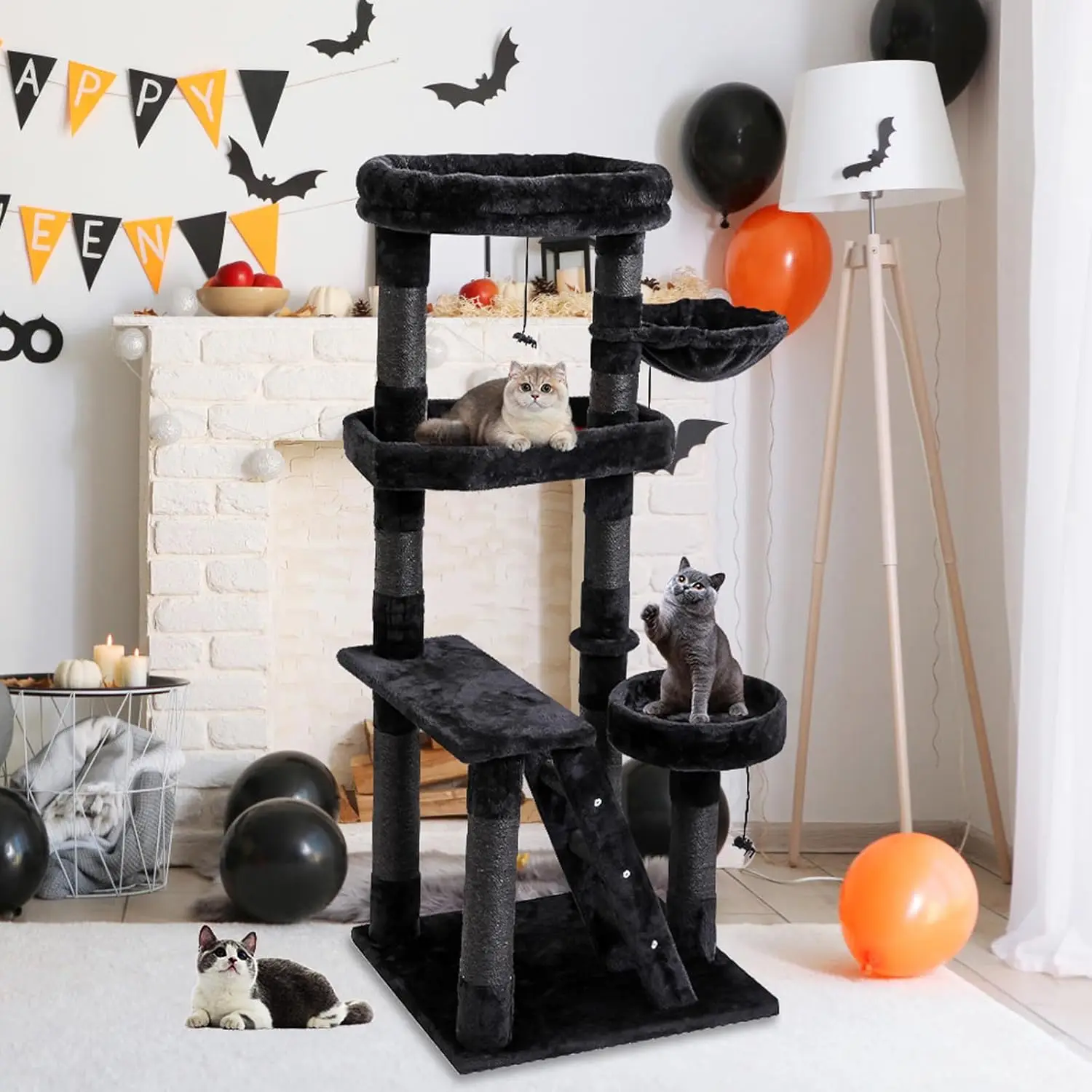 Gothic Coffin Cat Tree, 55 Inch Tall Halloween Themed Cat Tower with Scratching Post for Indoor Large Adult Cats