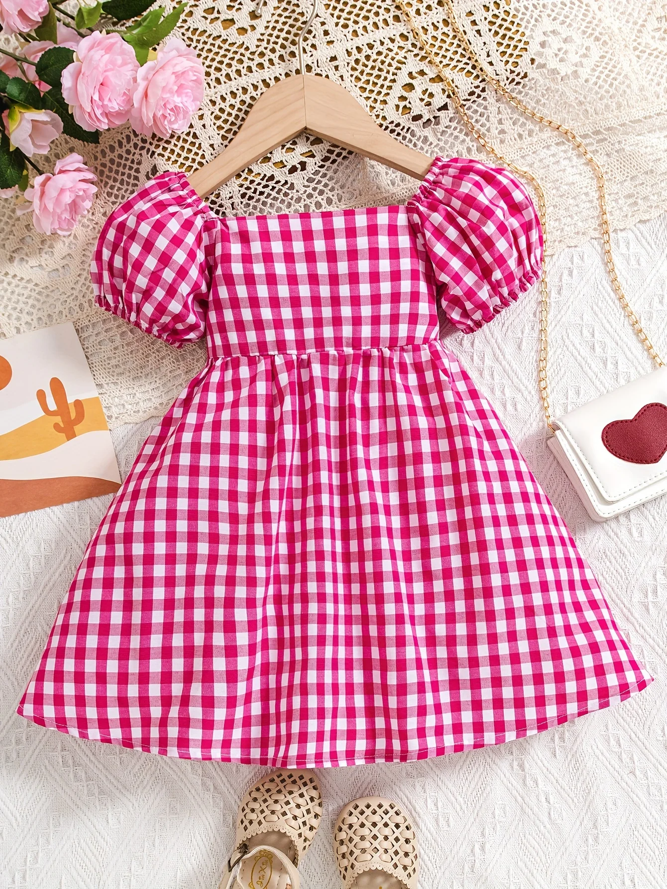 Baby Girl's Cute Plaid A-line Puff Sleeve Dress, Casual Hollow Square Neck Dress For Summer