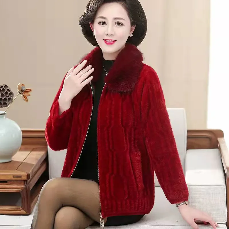 

New 2024 Jacket Women Autumn Winter Middle Aged Mother Imitation Mink Velvet Coat Female Casual Warm Knitted Cardigan Femme Tops