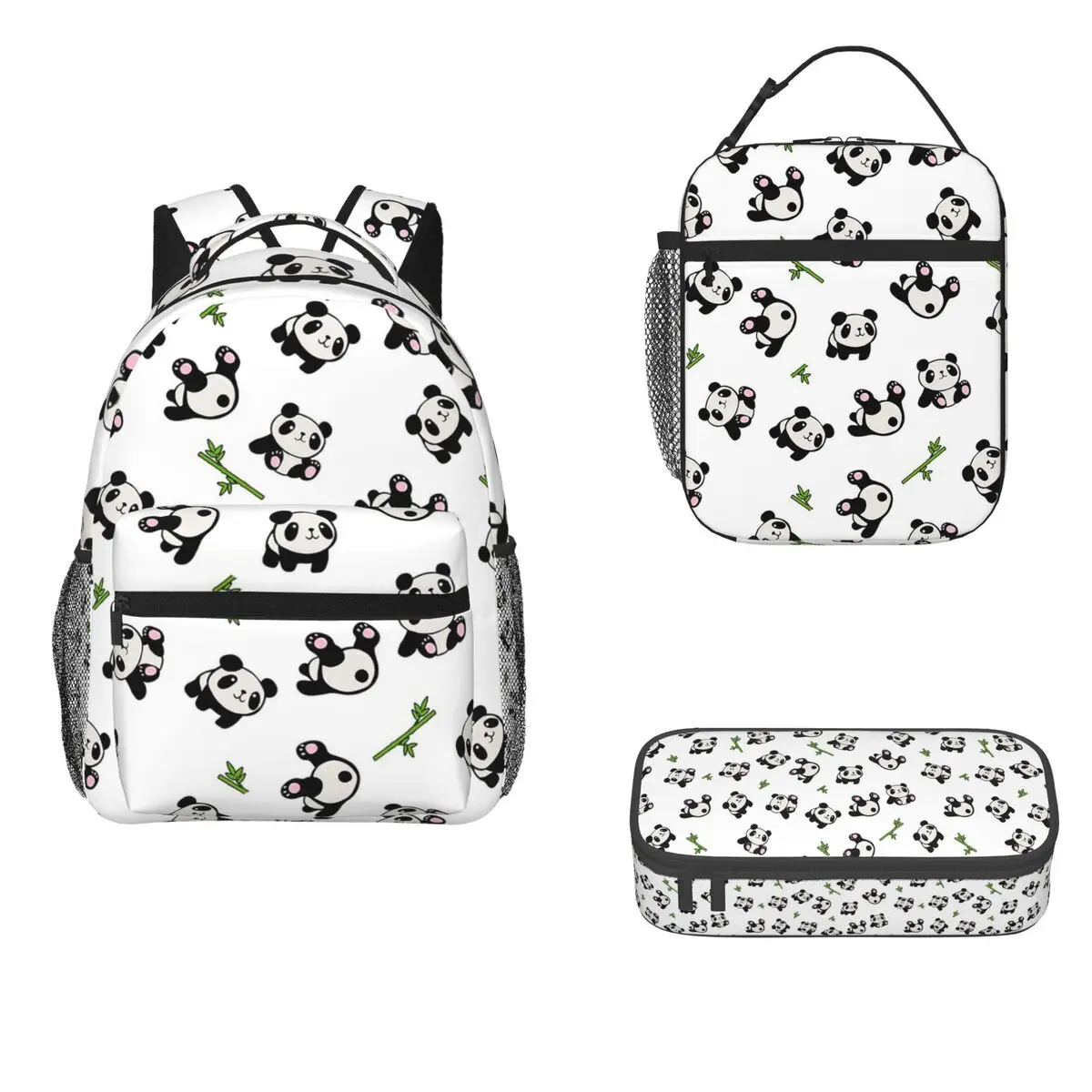 Mochilas con patrón de Panda para niños y niñas, mochilas escolares de dibujos animados, bolsa de almuerzo, bolsa para bolígrafos, juego de tres piezas