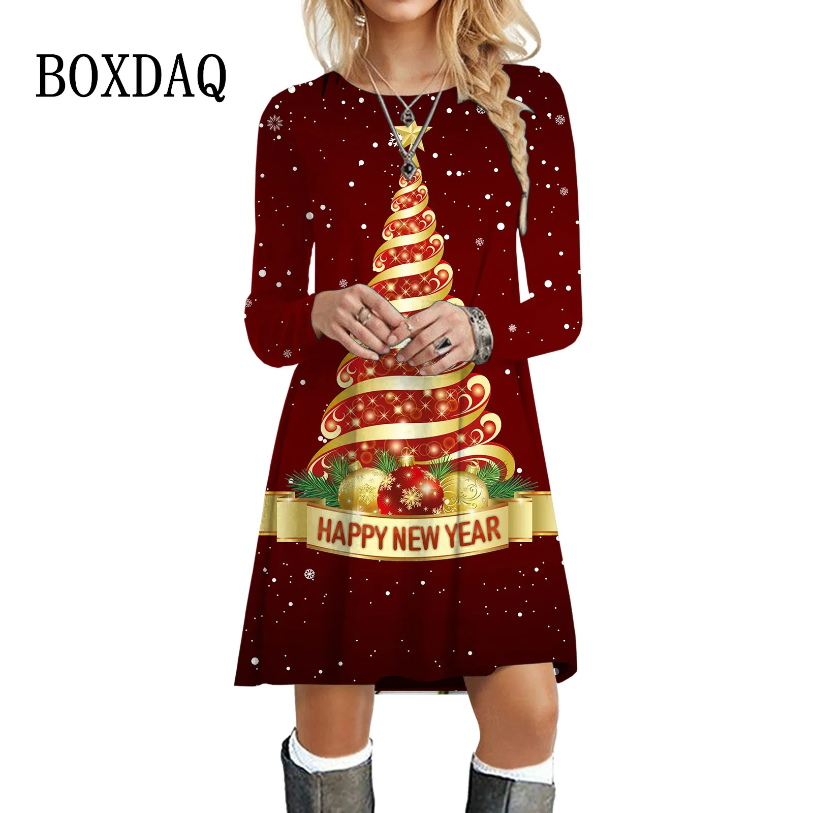 Christmas Tree Print Mini Dress Women Winter Elegant Long Sleeve O-Neck New Year Party Dresses Casual Oversized Clothes Vestidos