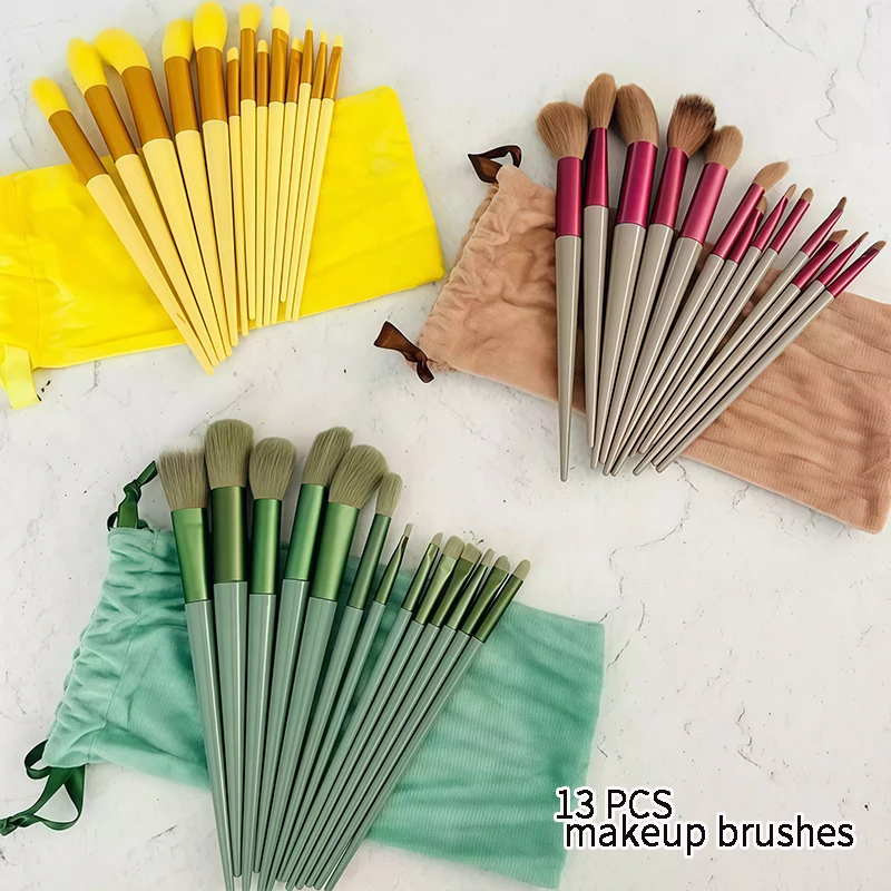 13-piece makeup brush set includes a storage bag and features eyeshadow brushes, blush brushes, and other makeup tools suitable