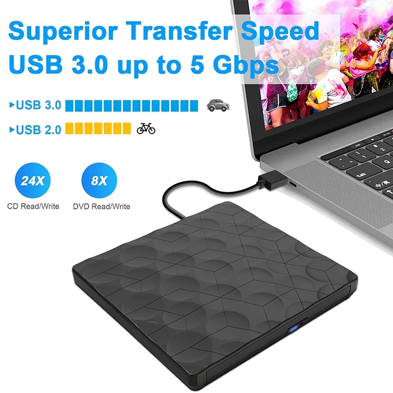 External CD DVD Drive, USB 3.0 Type C DVD Drive Portable CD/DVD-RW/VCD ROM Rewriter Burner, For Laptop Desktop PC