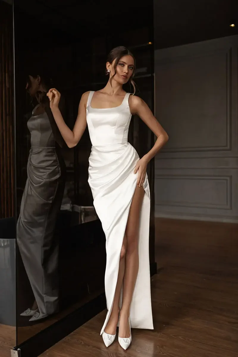 Customzied Simple Satin Wedding Dress Square Collor Elegant Bridal Gowns For Women Beach A-Line Side Slit Custom Made To Measure