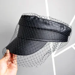 Mesh PU Leather hats Female Vintage Elegant Flat Top Navy Hat Women Gothic Fashion British Punk Casual Outdoor Black Caps Women