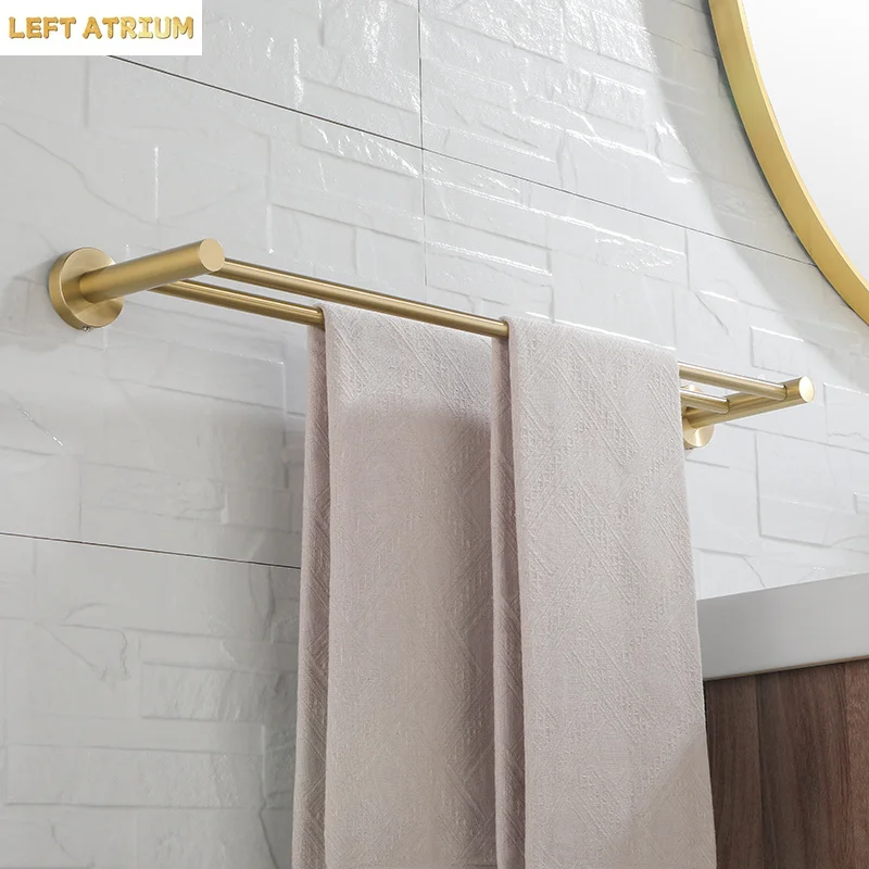 Vibrant Moderne Brushed Gold Towel Racks Fashion Gold Color Double Bar 304 Stainless Steel Bathroom Accessories Wall Mounted