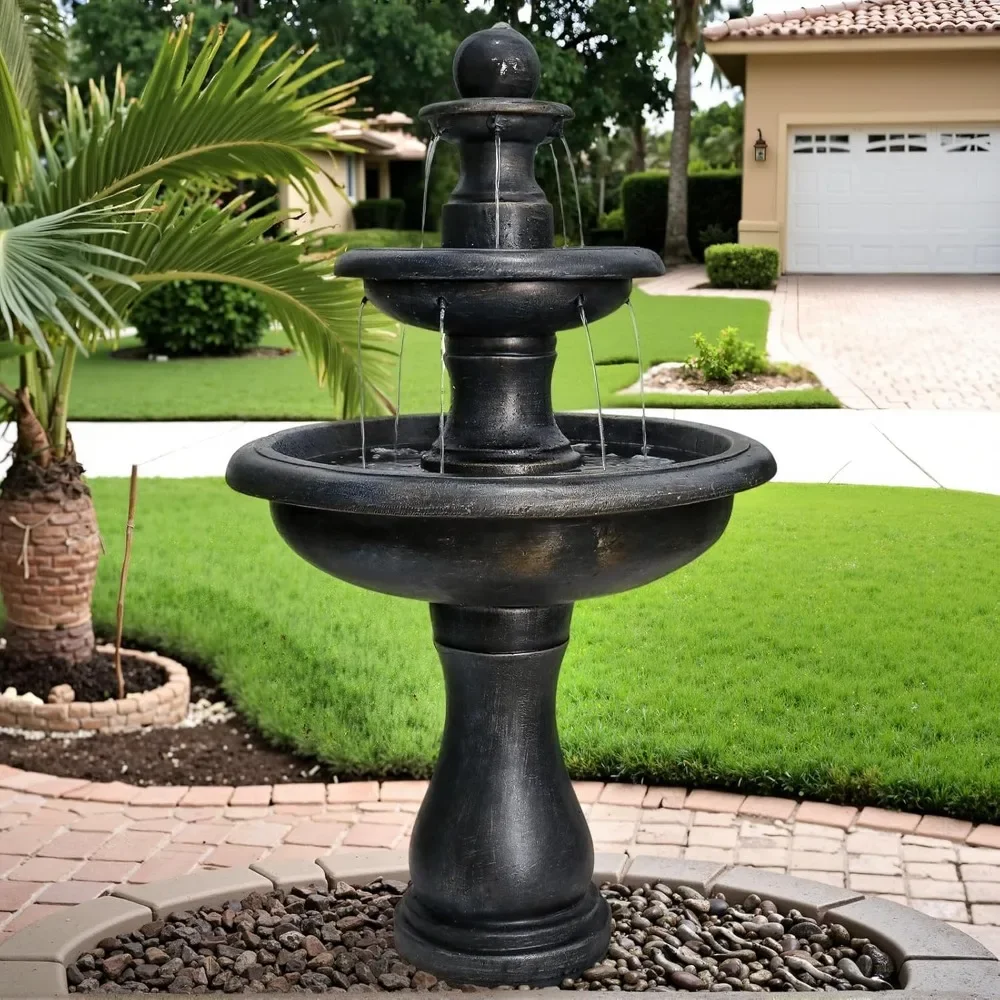 

45.2" High 3-Tiers Modern Concrete Outdoor Water Fountain - Round Large Outdoor Fountains and Waterfalls for Garden