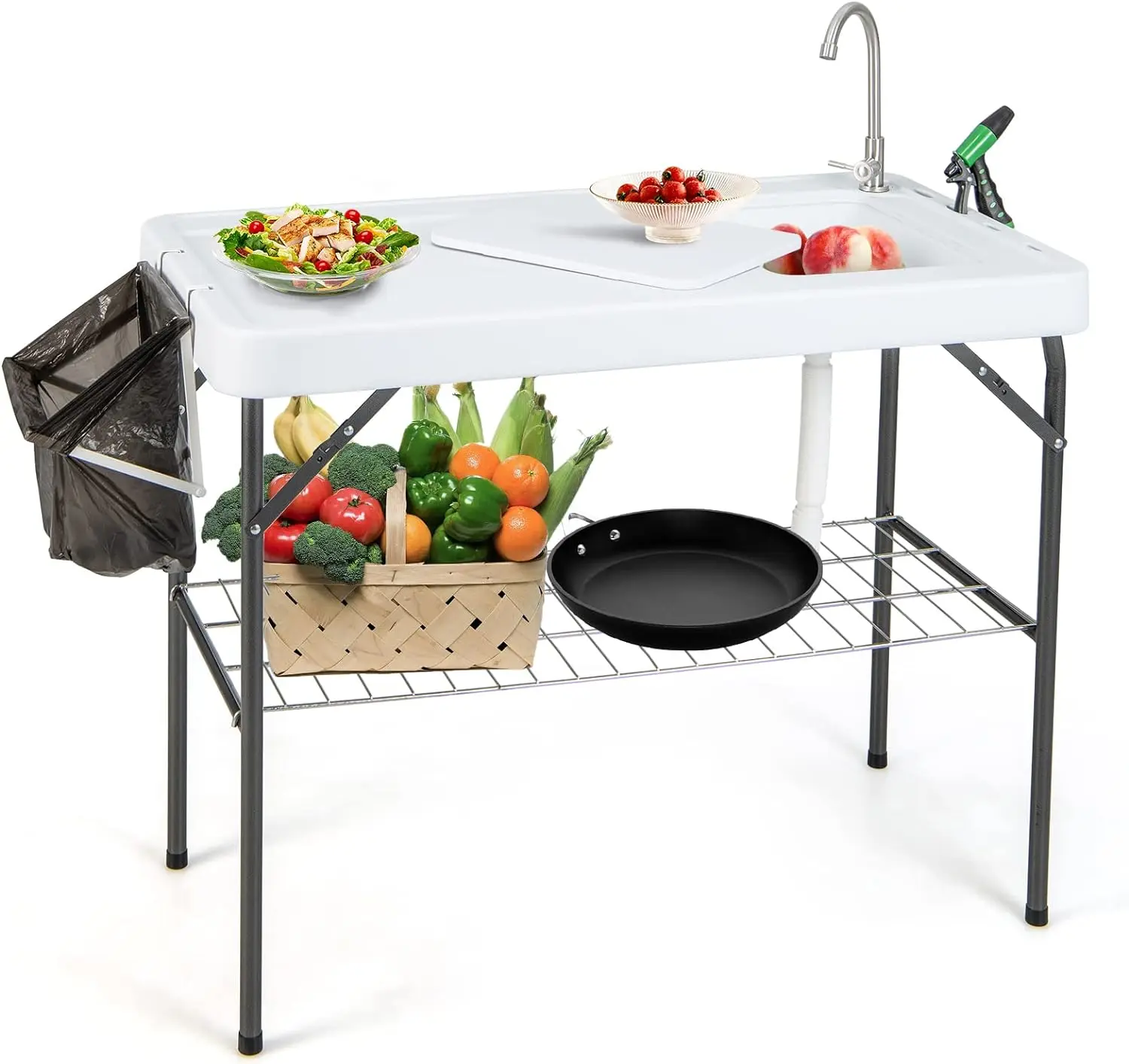 

Folding Fish Cleaning Table with Sink and Spray Nozzle, Portable Camping Sink Table with Faucet, Drainage Hose, Grid Rack