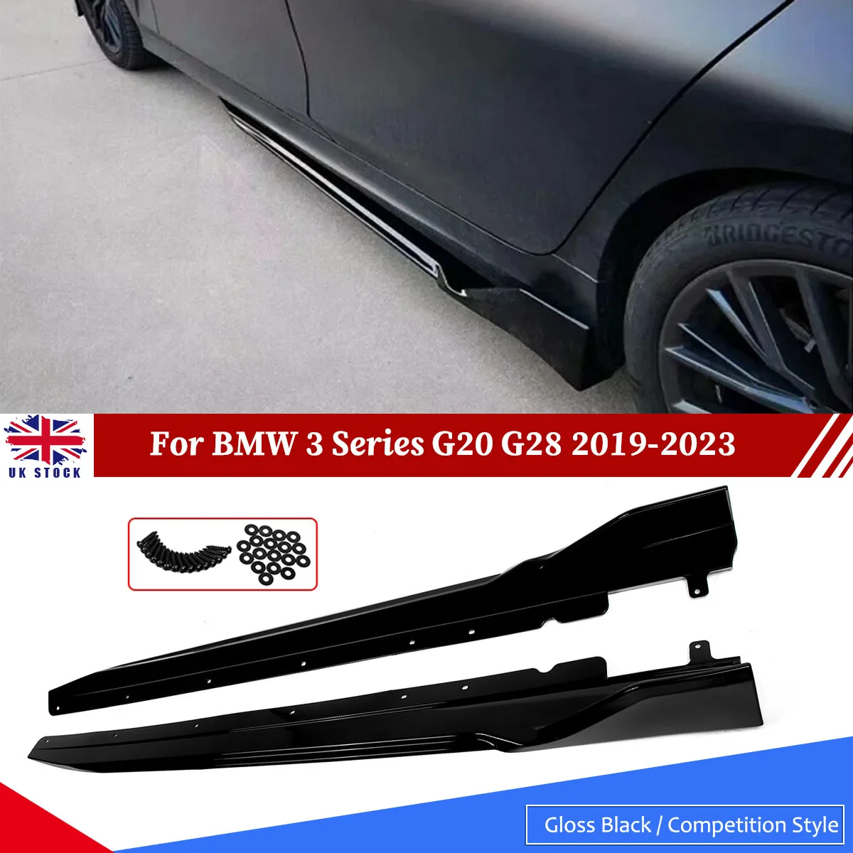 For 2019-2023 BMW G20 G21 3 Series M Sport Side Skirts Extension Lip Gloss Black