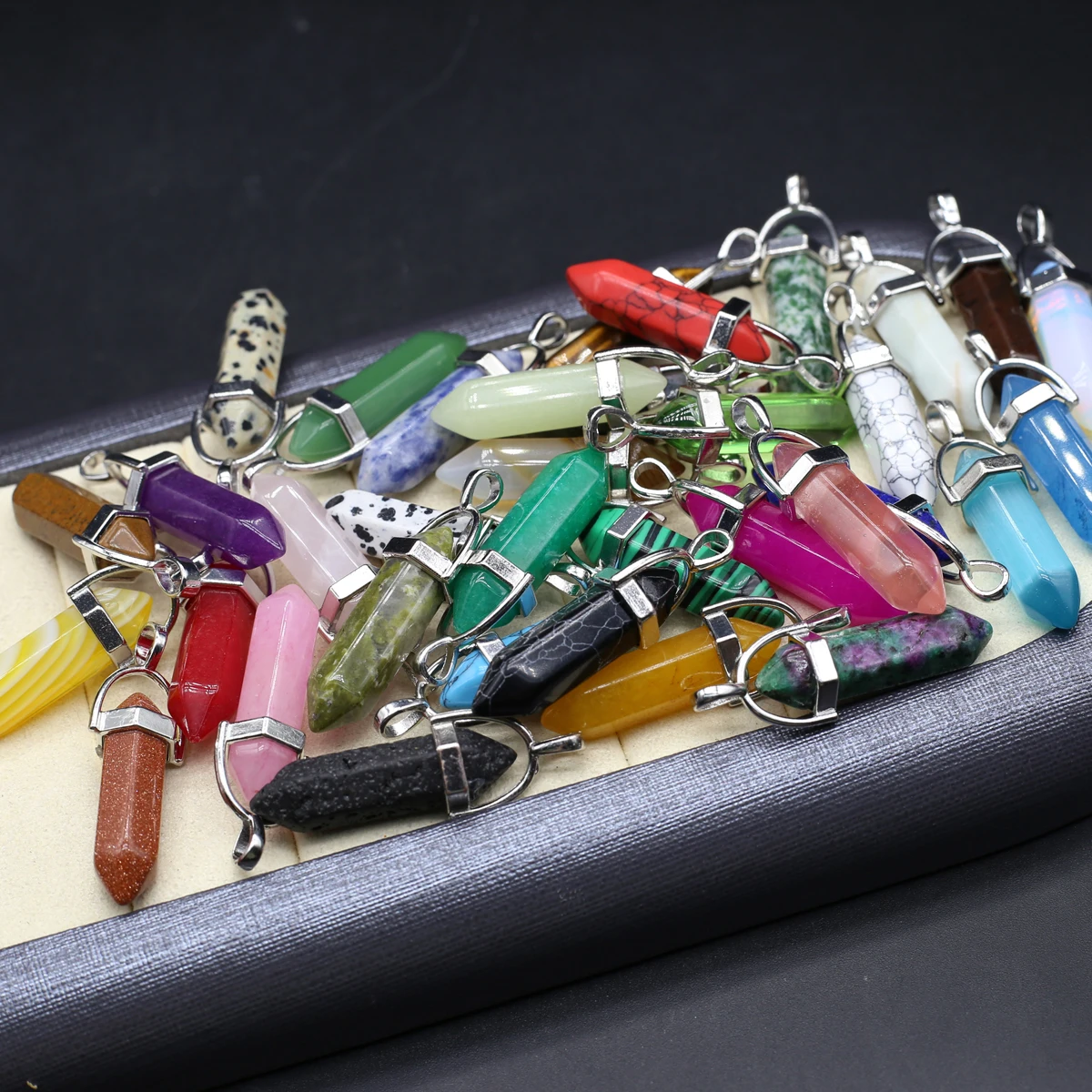Wholesale Natural Gem Stone Quartz Pendant Crystal Turquoise Hexagonal Pendulum Charm for DIY Jewelry Making Necklaces 12pcs