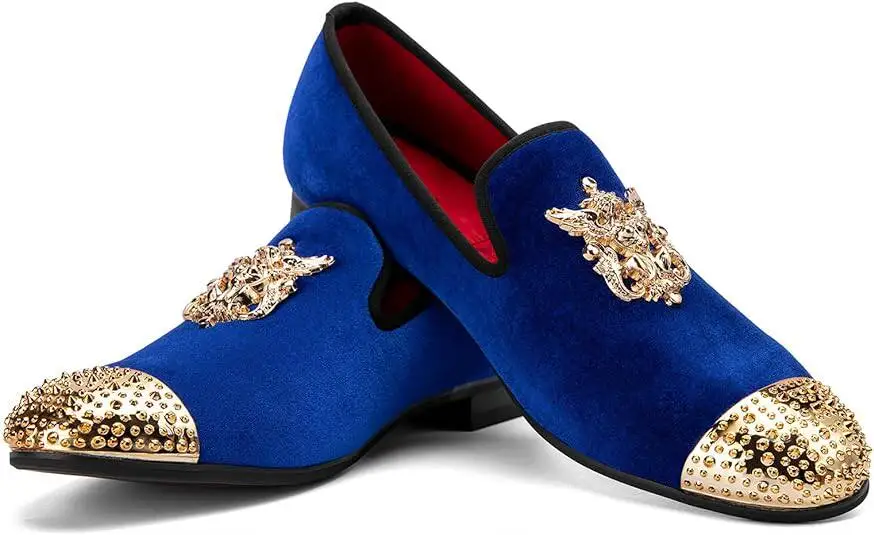 Luxury Men's Royal Blue Velvet Loafers Gold Metal Emblem Rhinestone Cap Toe Red Lining Slip-On Smoking Shoes for Wedding Party