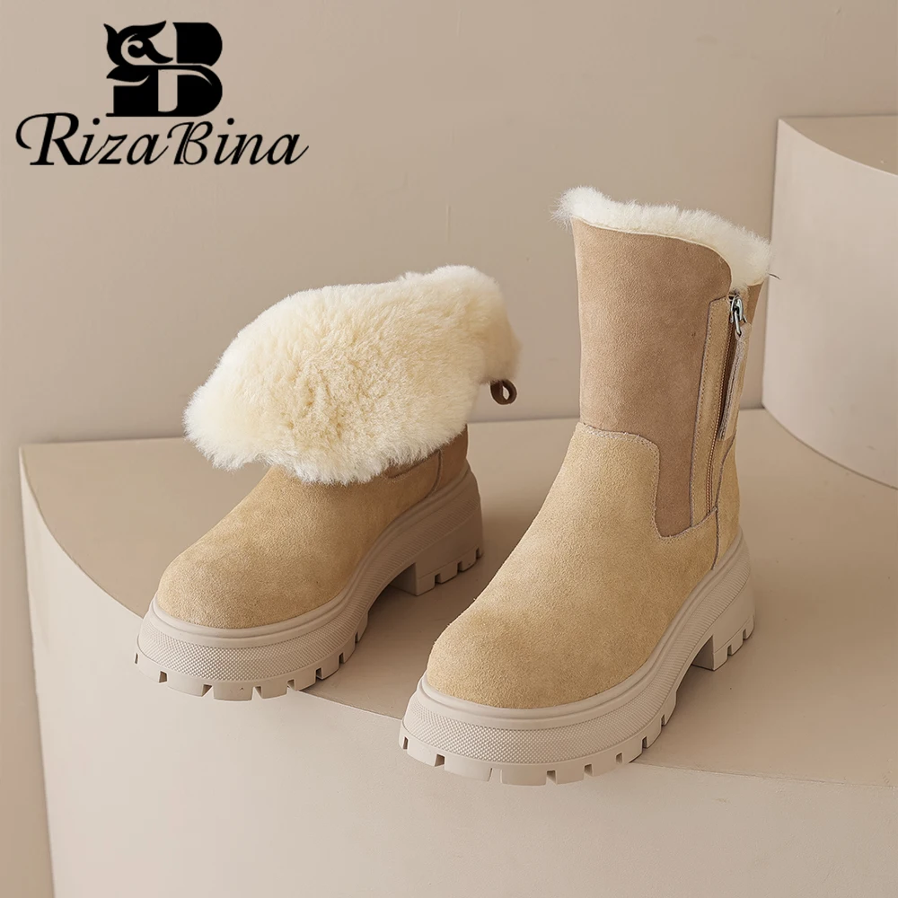 

RIZABINA Women Winter Ankle Boots Cow Suede Warm Wool Lined Snow Boots Fashion Side Zipper Round Toe Chunky Heel Platform Boots