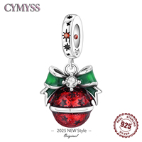 Original 2025 S925 Sterling Silver Zircon Red Merry Christmas Bell Pendant Beads Pendants Bracelet Charm Jewelry Party DIY Gifts