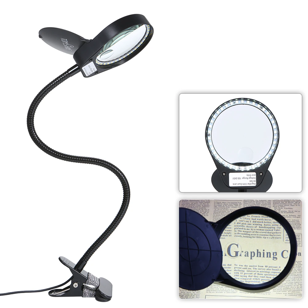 LED 3X/10X Magnifier Glass with Clamp Clip Table Light Desk Lamp Magnifying Lens Design Illuminated Dimmable Brightness