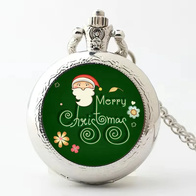 Merry Christmas Quartz Pocket Watch for Kids Children Happy New Year Gifts Santa Claus Man Clock Necklace Chain Pendant Watches