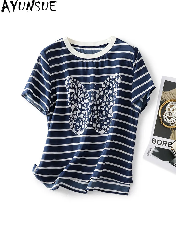 AYUNSUE 100% Real Mulberry Silk T Shirt Women Clothing Elegant T-Shirts Summer Ladies Tops Fashion Blue Striped Топ Женский