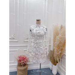 Cathy White Flowers Appliques Wedding Dresses High Neck vestidos de noche Elegant Long Sleeves Backless Formal Evening 2024