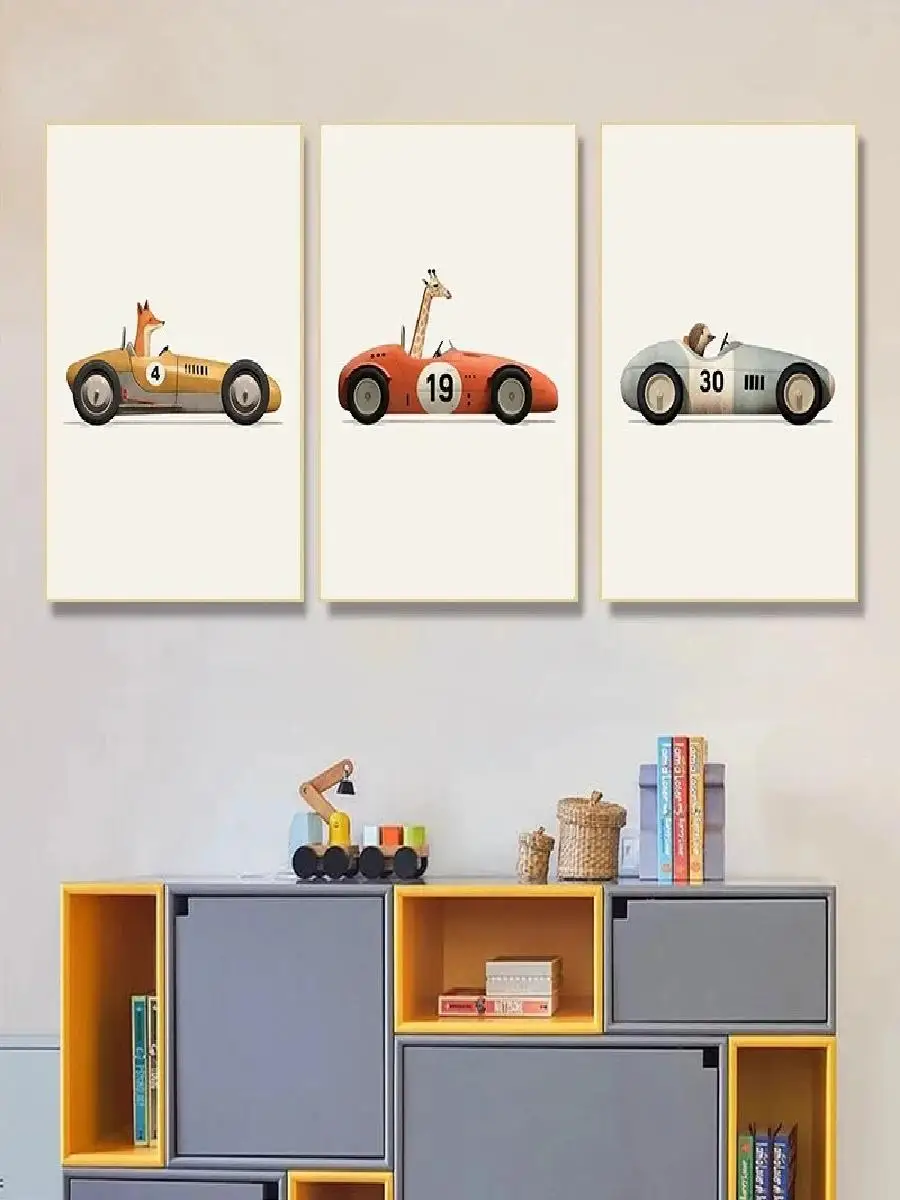 Modern Cute Animals Driving Car Canvas Paintings  Funny Animal Posters for Home Nursery Kids Bedroom Wall Decor