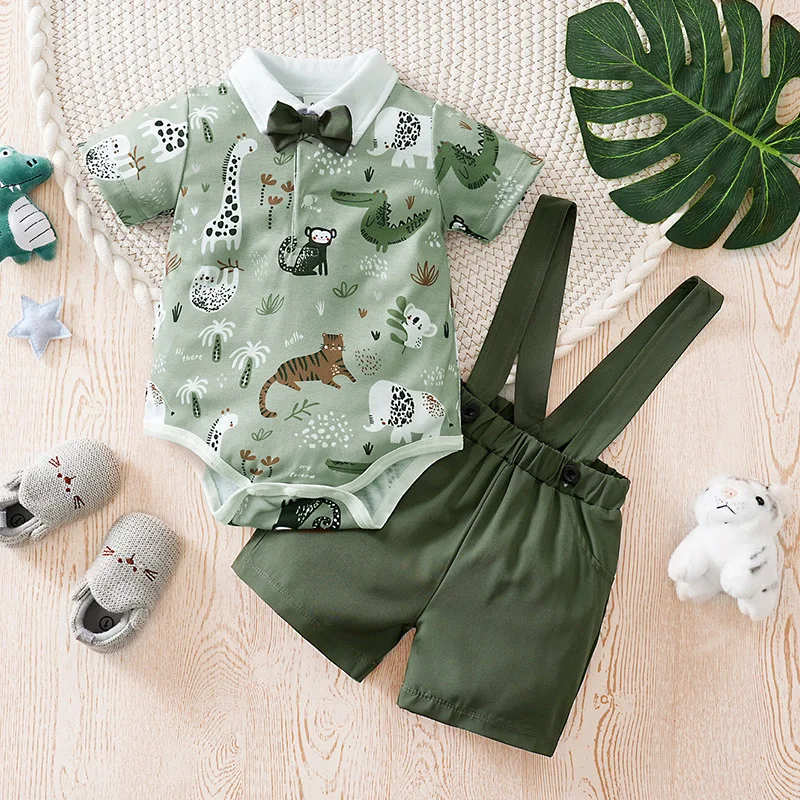 Conjunto de ropa para bebés recién nacidos, estampado de animales, moda de verano, traje para niños pequeños, tirantes de manga corta, traje de salida de 2 piezas