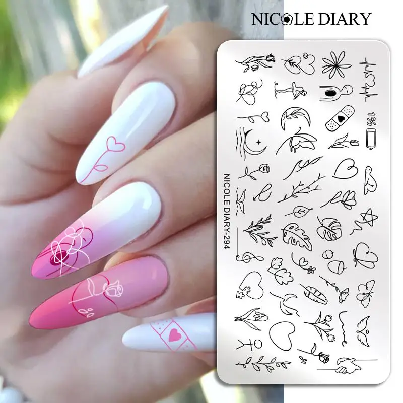 NICOLE DIARY Valentine\'s Day Nail Stamping Plates Heart Love Lines Nail Art Plate Stainless Steel Templates Printing Stencil