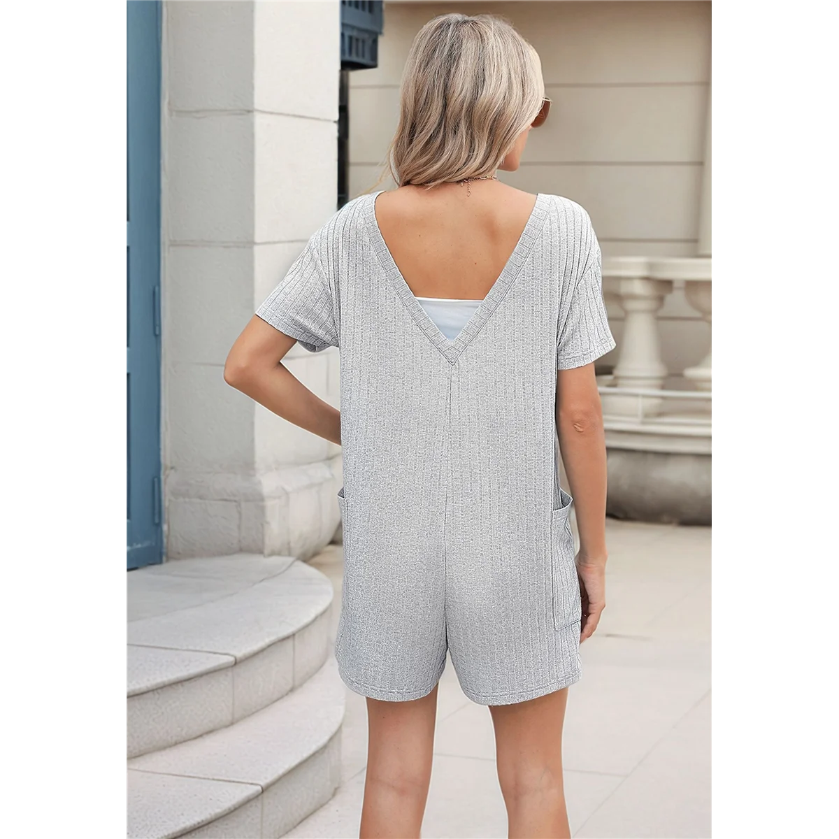 Womens Summer Short Sleeve Romper Loose Casual V Neck Shorts Overalls Ladies Dressy Comfy Jumpsuits with Pockets Light Gray M