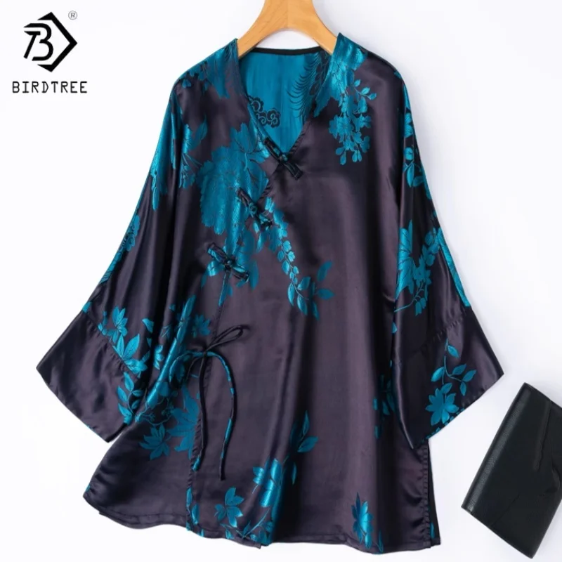 

Birdtree,35% Mulberry Silk Blouse,Women Slanted Collar Shirt,V-neck Print Loose Tops,Chinese-style,2025 Spring Fall New T5D513JF