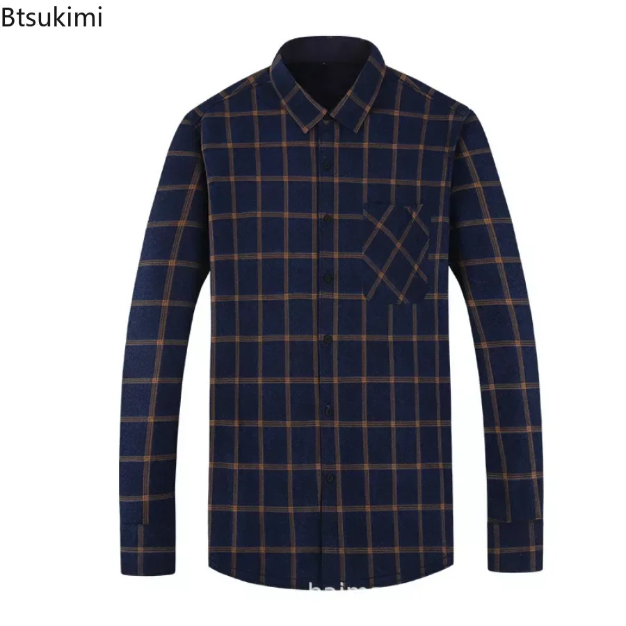 2024 Men's Winter Warm Long Sleeve Plaid Shirts Pocket Design Thicker Fleece Casual Shirts Male Club Party Shirts for Men Shirts