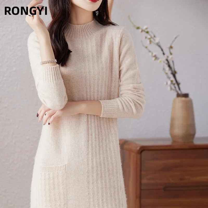 RONGYI 100% Merino Wool Hot Sale Cashmere Knitted Dress for Women Winter Autumn Mock Turtleneck Female Dresses Long Style Jumper