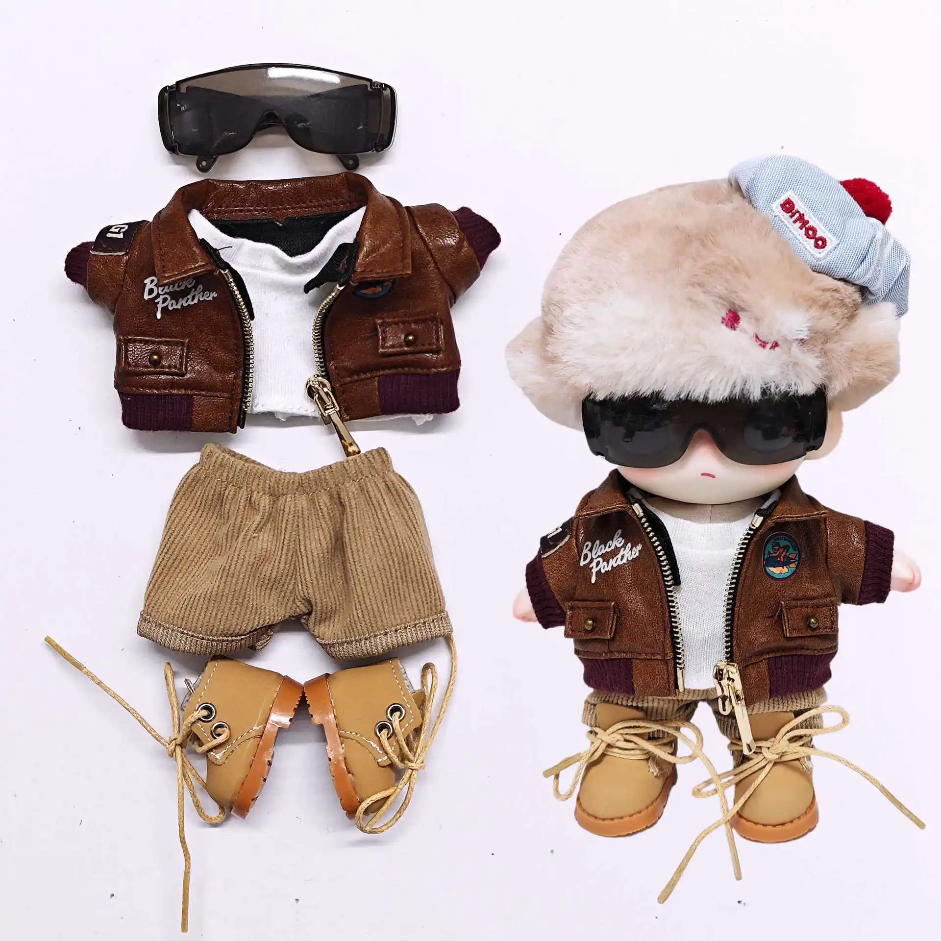 

Retro Aviator Barista Outfits for Dimoo Hanging Card Doll Vintage Jacket Sunglasses Coffee Costume Vinyl Figure Set