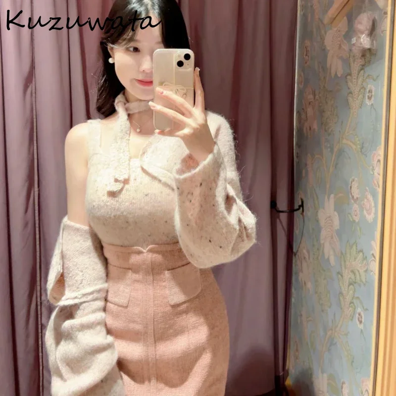 Kuzuwata Moda Wool Sweet Blending Sets Cardigan Elegant V Neck Fresh Vest Japan Casual Lace Up Polka Dot Temperament Suit Tops