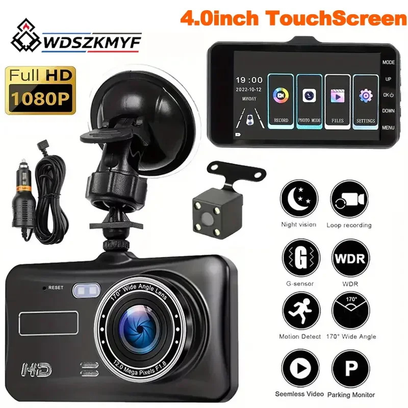 4inch Touch Screen Car DVR 24h HD 1080P IPS Dash Cam Front and Rear Camera Vehicle Black Box Night Vision Driver Video Recorder