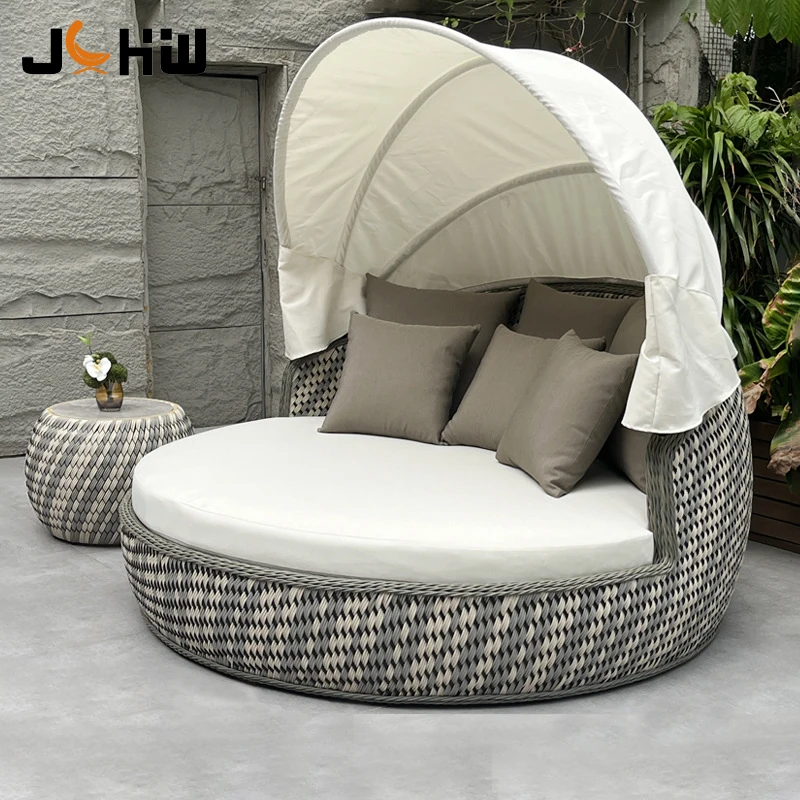 Factory Direct Round Aluminum Outdoor Garden Furniture Patio Sun Beds Wicker Rattan Daybed Canopy For Swimming Pool Park Hotel