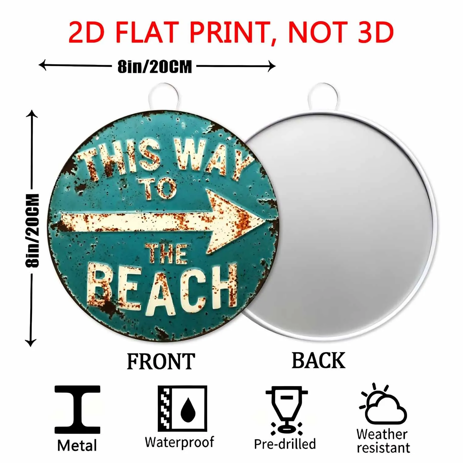 2D Flat, 2D Flat 1pc Round Vintage Metal Tin Decorative Sign Plaque This Way to The Beach Wall Mounted Sign 8 X 8 Inch Home Porc