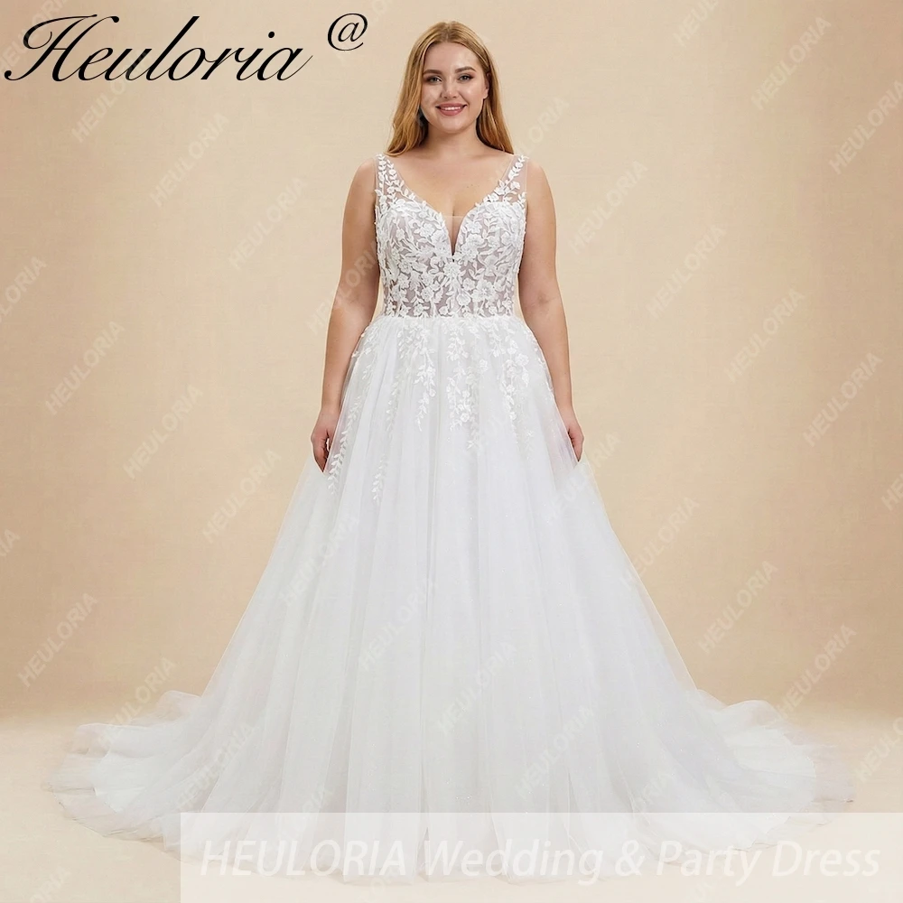 HEULORIA Sparkly Glitter tule A-lijn trouwjurk V-hals Kant Bruidsjurken Bloemen Kant Aangepast