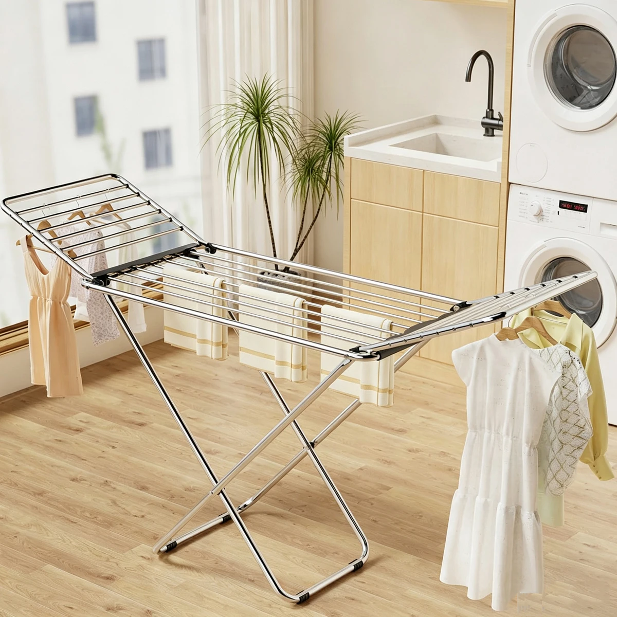 Double Wing Folding Stainless Steel Clothes Drying Rack, Floor Laundry Airer, Foldable Drying Rack for Clothes Quilt Towel